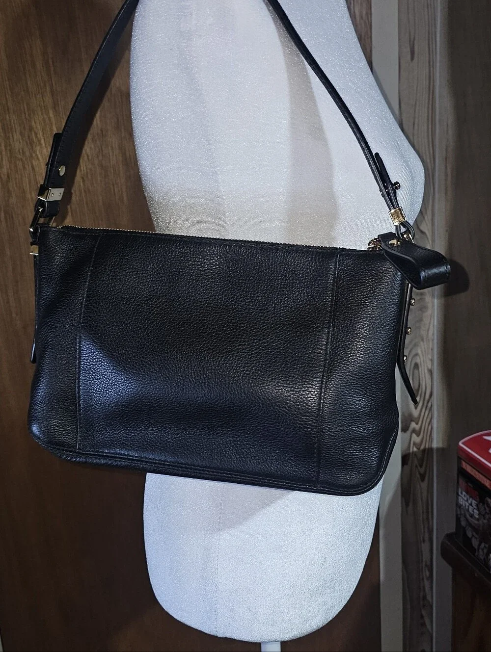 Authentic Michael Kors Black Pebbled Leather Shoulder Bag with Gold Hardware